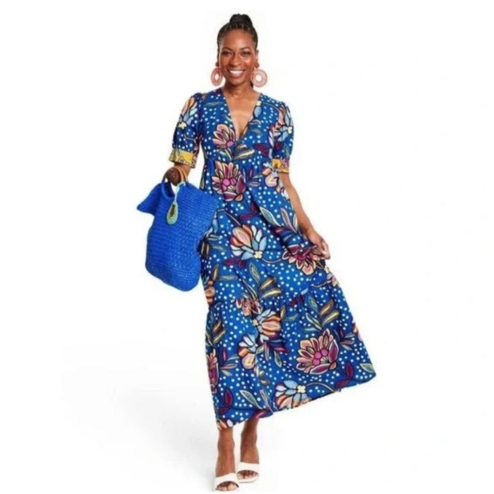 Blue Floral V-Neck Maxi Dress